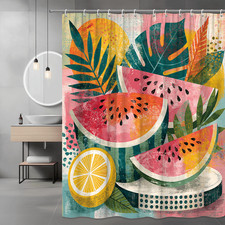 Tropical Fruit Print Shower Curtain Watermelon Citrus Leaf Art