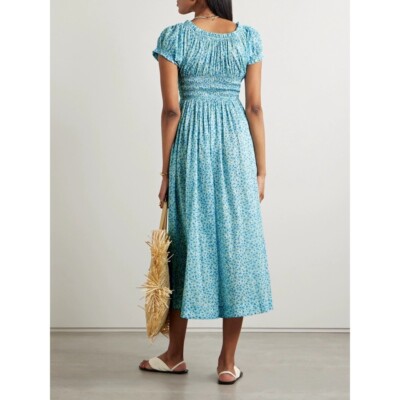 chinese dress ladies Floral Lattice Linen Blend Blue Midi Dress main image 1