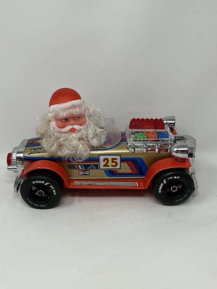 Vintage Santa Claus Toy Race Car Battery Operated Tin Litho Taiwan ROC Works!