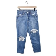 American Eagle Stretch Mom Straight Jean Cool Torn Blue Wash Denim Womens Size 6