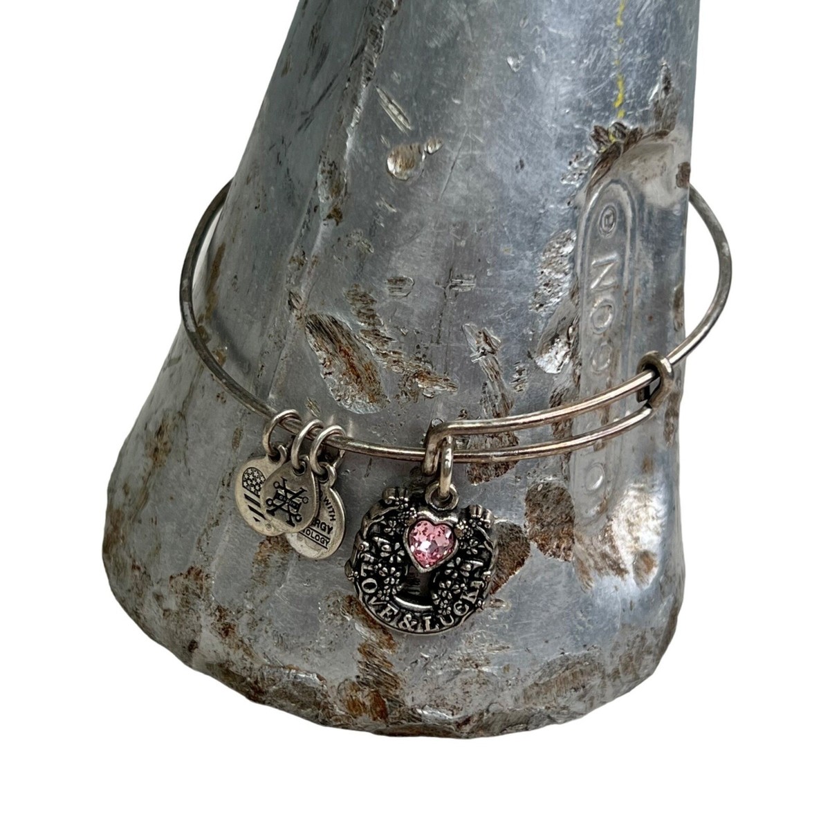 Alex and Ani Silver Tone Expandable Bracelet Love and Luck Pink