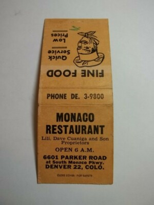Matchbook Cover Monaco Rest Lili Dave Cuaniga 6601 Parker Ph 39800 Denver CO 299