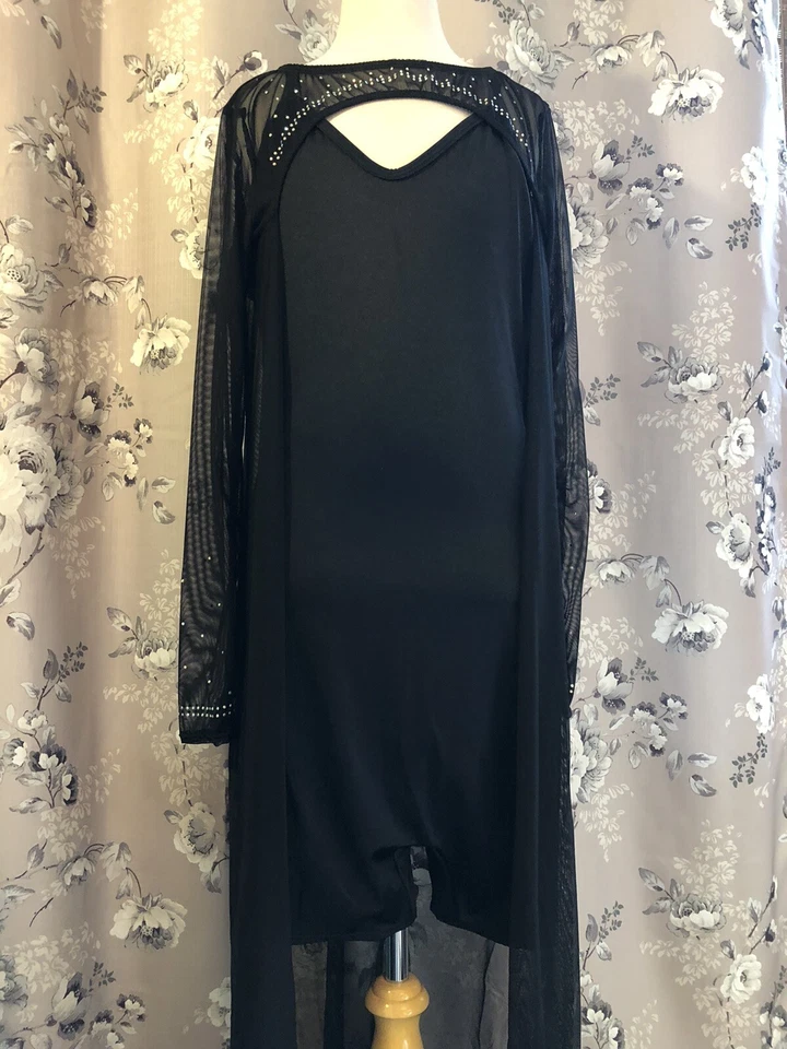 Curtain Call R570 Black Biketard Mesh Rhinestone Cape Gothic Dance Costume AXL - Image 2 of 4