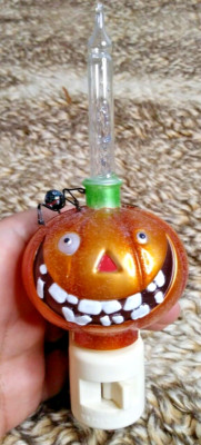 Vtg Jacko Lantern Pumpkin Spider Glitter Glass Stem Night Light 6.5''