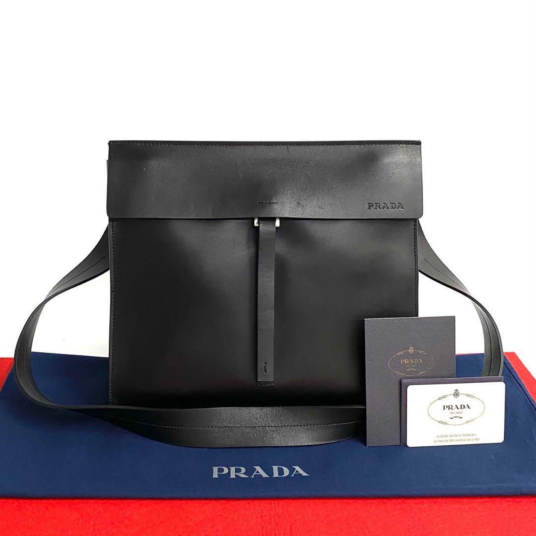 Prada Black Leather Nylon Shoulder Bag Pochette with Logo Embossed Excellent Condition