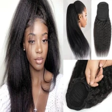 Kinky Straight Ponytail Human Hair Extension Clip On Drawstring Black #1B 100g
