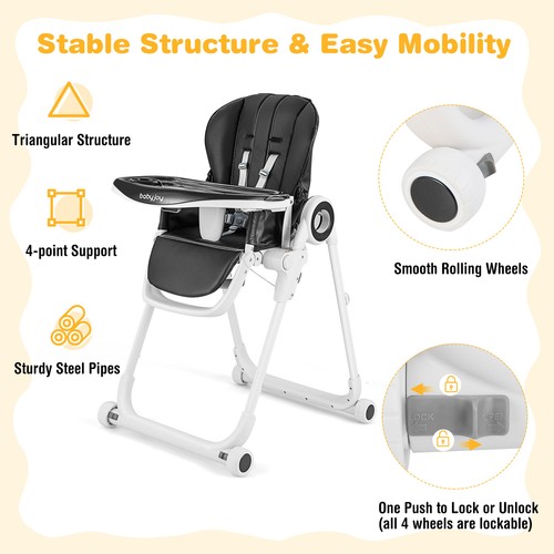 Babyjoy Baby High Chair Foldable Feeding Chair w/ 4 Lockable Wheels Black - Picture 4 of 10