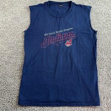 VINTAGE Cleveland Indians Shirt Mens M Blue Embroidered Chief Wahoo Nutmeg 90s 