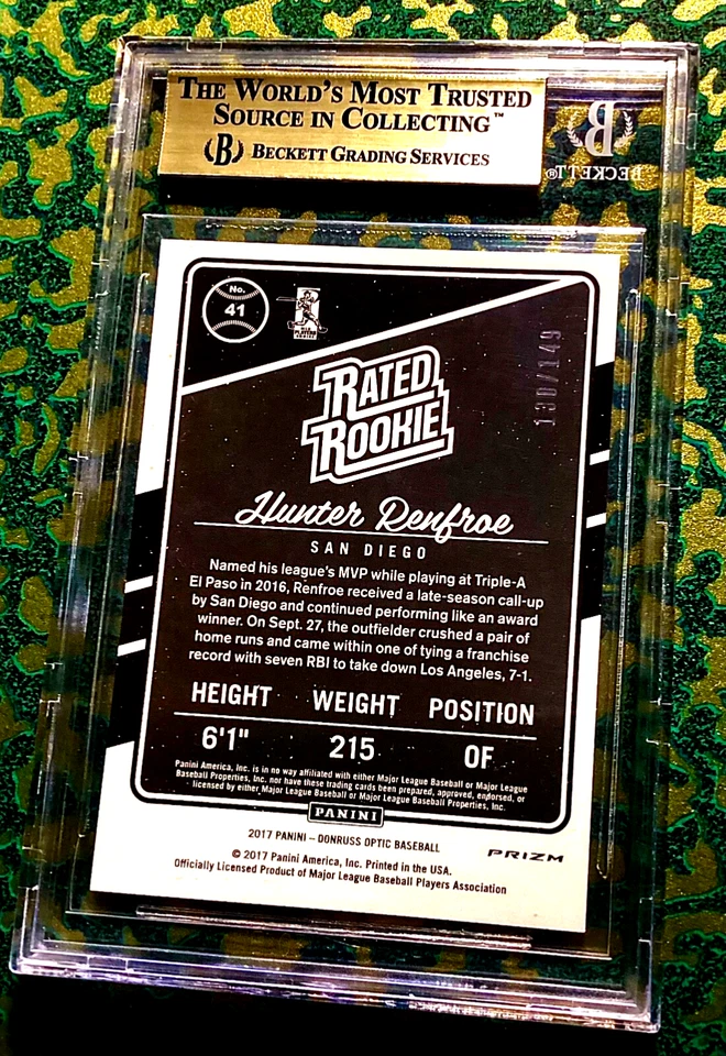 Hunter Renfroe дебютант No30/149 BGS Gem как новая 2017 Donruss Optic переливающаяся карточка Беккета - Изображение 3 из 3