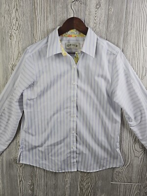 Orvis Carefree Button Front Shirt Men's 10 Pinstripe Floral Trim Long Sleeve