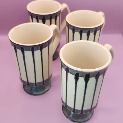 Set Of 4 Vintage MCM Ceramic Footed Striped Mugs, Retro