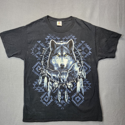 Vintage Mens Shirt Large Black Wolf FOTL Tribal Native American Dream Catcher 