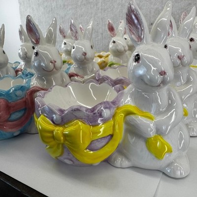 Vtg Ceramic Easter Bunny Egg Cups Pastel Bows Hand Painted Set of 12 NIB