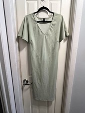 Shein Bodycon Dress Stretch Knit Green 2XL V-neck Tie back Flutter Sleeve