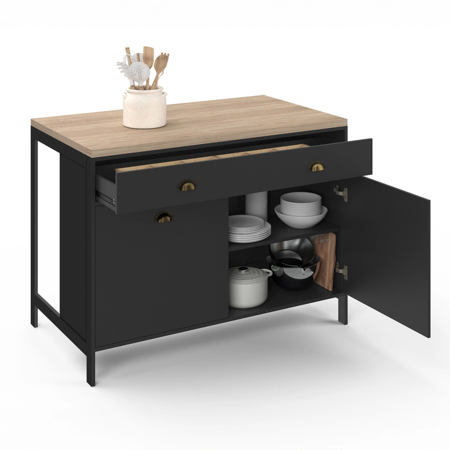 Ilot central 120 cm bois hêtre et noir ISIS meuble de cuisine avec plan de travail