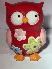 Cute Vintage Hand Painted Ceramic Owl w/ Flowers Coin Bank