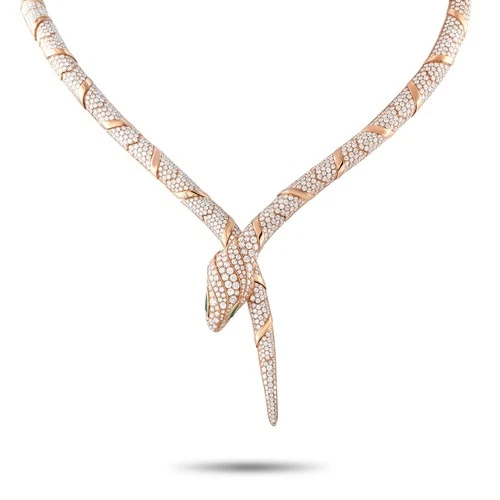 Bvlgari Serpenti 18K Rose Gold 22.93ct Diamond and Emerald Necklace BV05-051325