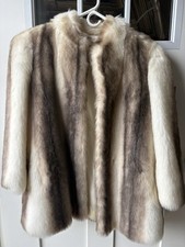 VTG Avec Tu Faux Fur Coat Womens White Brown Jacket Satin Lining USA Made Sz 14