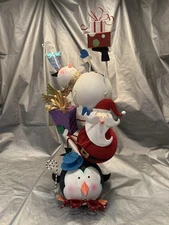 Pier 1 One VINTAGE SNOWMAN SANTA  PENGUIN STACK TOWER Glittr Figurine 19.5” RARE