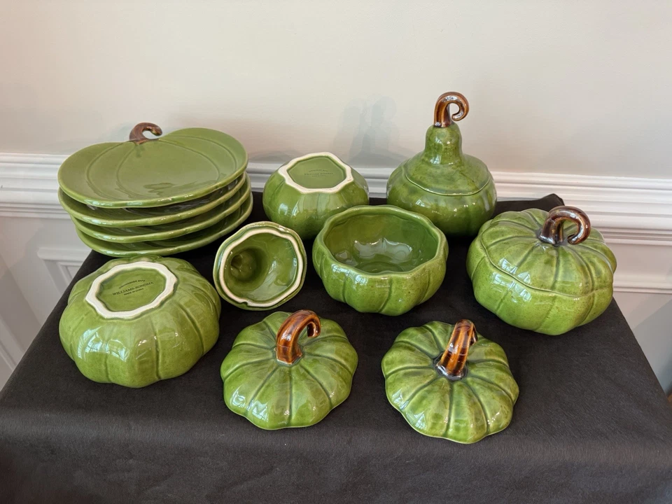 Lote de 9 cuencos/platos de sopa de cerámica Williams Sonoma verde calabaza/calabaza ~ Excelente Foto 2 de 4