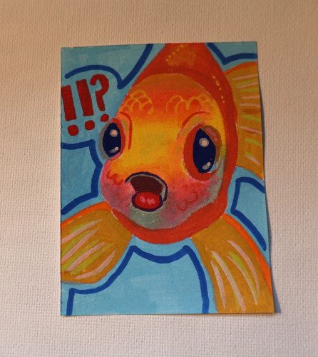 Original ACEO/ATC Fish Painting 2.5 x 3.5 ACRYLIC Art Card Obscure.Artist Gold