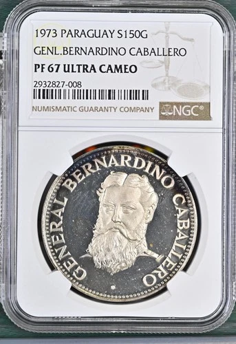 1973 Paraguay 150 guaranies General Bernardino Caballero PF67 NGC Silver Coin