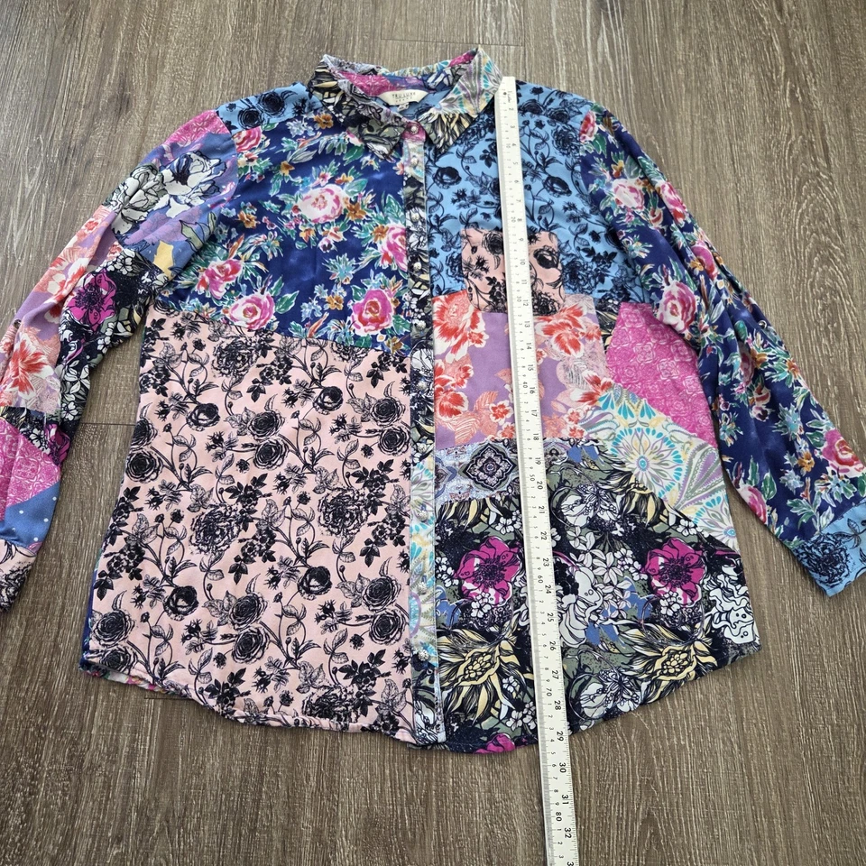 Tru Luxe 牛仔纽扣衬衫 XL 码混合花卉长袖卷边袖 — 第 3/4 张图片