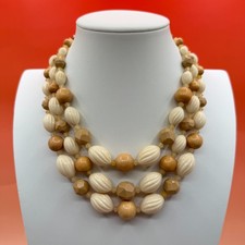 3 Strand Cream Beige Wood Bead Necklace Chunky Statement Boho Vintage Germany