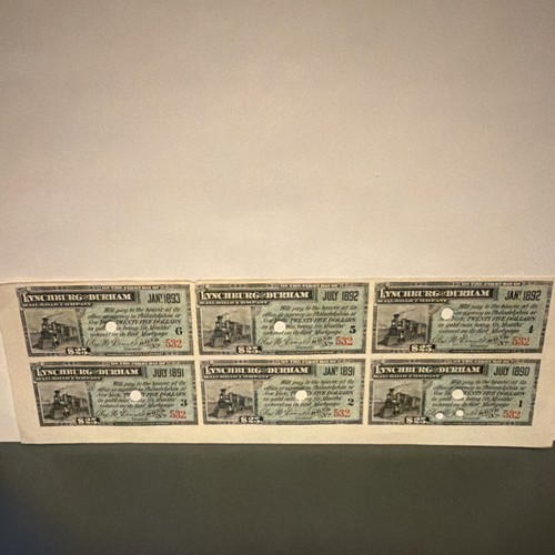Lynchburg & Durham Railroad Interest Bond 1890-1893 Uncut Sheet of 6