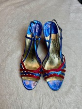 Vtg 80s Lady Continental Metallic Strappy Sandals Heels Italy Blue Red 39 8.5 US