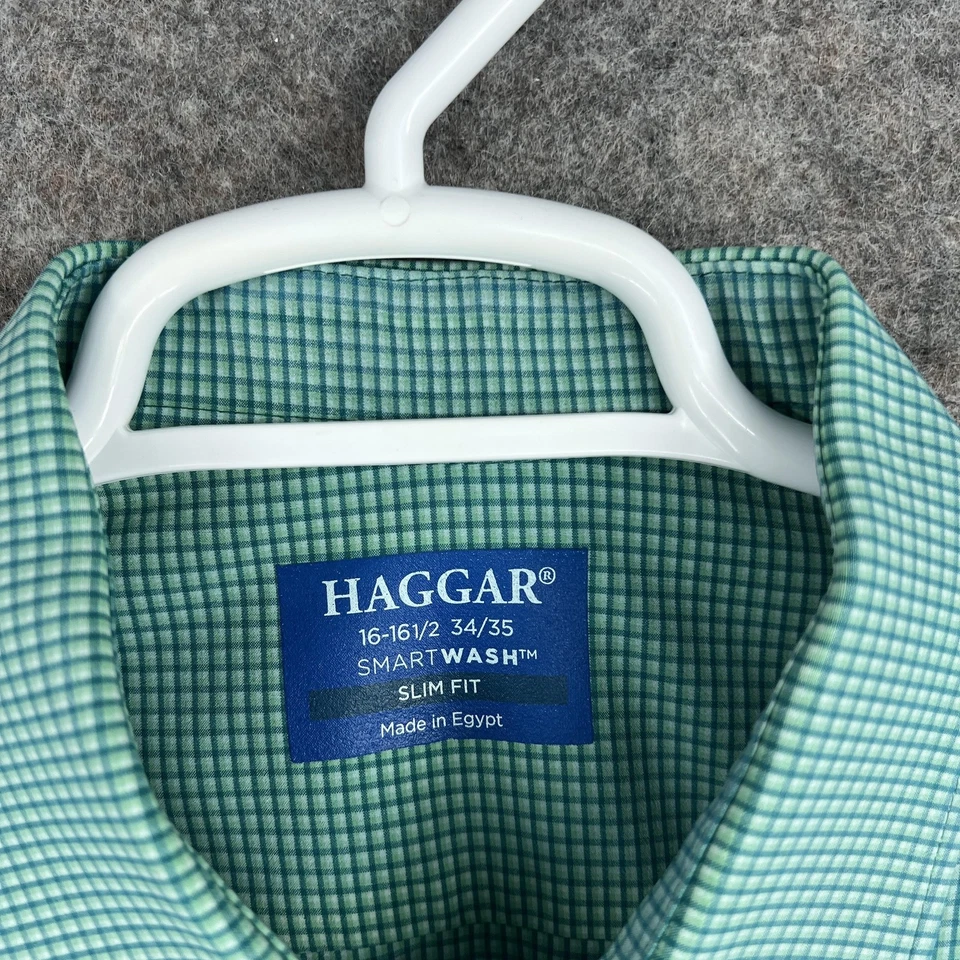 Camisa Haggar Camisa Abotonada Hombres 16-16.5 Verde Cuadros Calce Ajustado Cuadros Manga Larga Foto 3 de 4