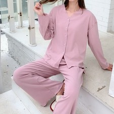 Soft Knit Lounge Set Button Front Long Sleeve Relaxed Pants Home Sleepwear Women