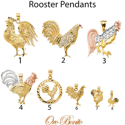 14k Tri Color Yellow Gold Rooster Hen Charm Pendant Colgante Dije de Oro Gallo