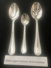 3 Pc Pearl Argent Orfevres Stainless Solid & Pierced Serving Spoon + Sugar Spoon