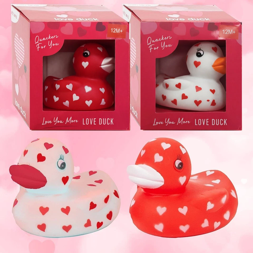 2 X Caoutchouc Canard Paire Rouge et Blanc Amour Cœur Design Bain Jouet - Photo 1/4