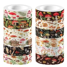 Mushroom Washi Tape Set 12 Rolls, Forest Mushroom Themed DIY Decorative Tape Sti