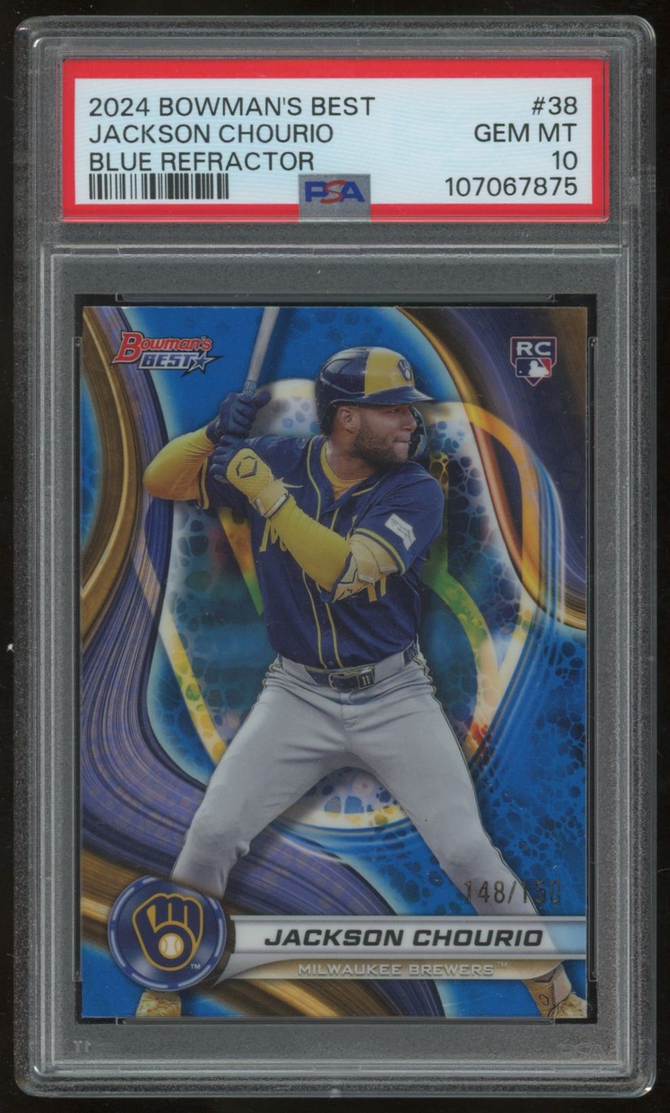 JACKSON CHOURIO 2024 BOWMAN'S BEST BLUE REFRACTOR #38 148/150 RC PSA 10