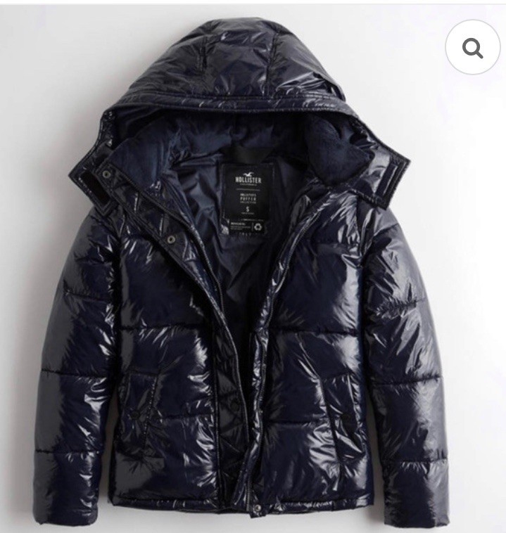 Hollister Wet Look Puffer Jacket Navy Blue Hooded Quilted Womens Size Large NWT