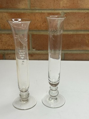 Vintage Clear Cut Glass Etched Bud Vase Set Of Two Different Pattern Grape/Wheat
