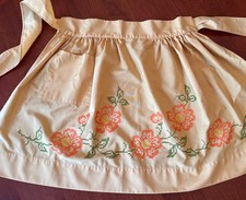 VTG 1960-70s Handmade Cross Stitch Half Apron ORANGE  GOLD FLOWERS One Pocket