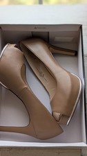 VGUC Nine West "Chantillyo" Pumps Tan Beige Peep Toe high heel platform  Size 8M