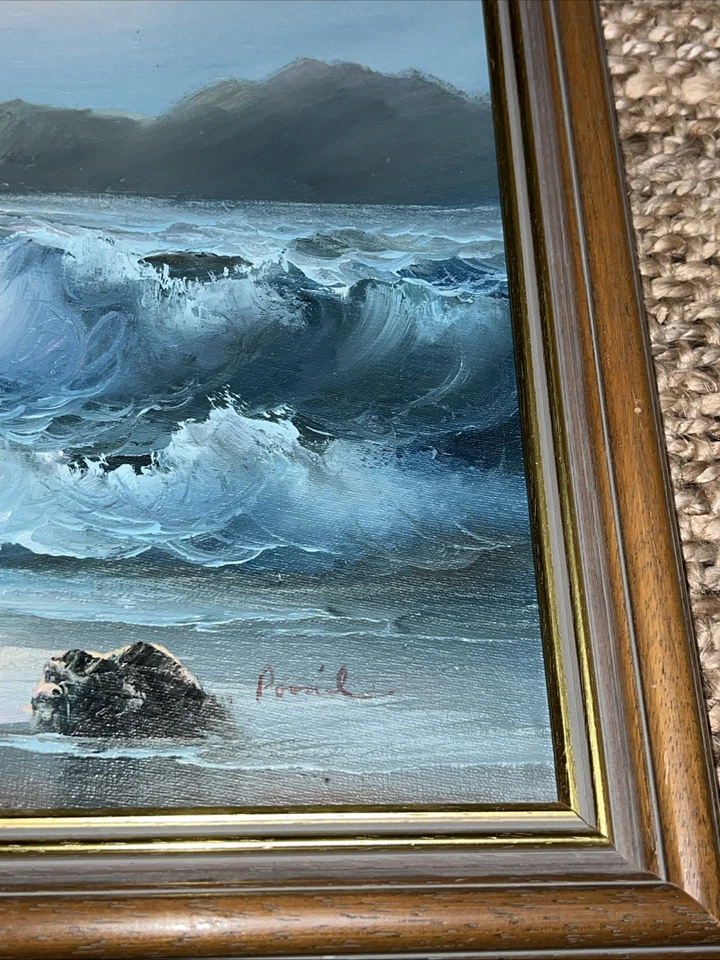 Framed Paint Of Seagulls & Seascape On Wood - Signed. Breaking Waves / Ocean - image 4 of 4