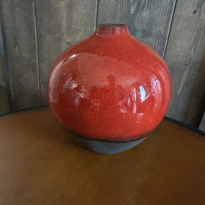 Vintage Crate & Barrel Round Red And Brown Matte Lava Glaze Bud Vase