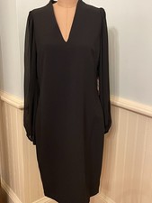 Vince Camuto NEW black sheer sleeve dress vneck slit pleated back size 14 $158