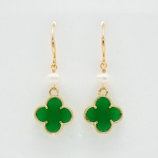 Natural Green Jade Freshwater Pearl Dangling Drop Earrings - 4 Leaf Clover