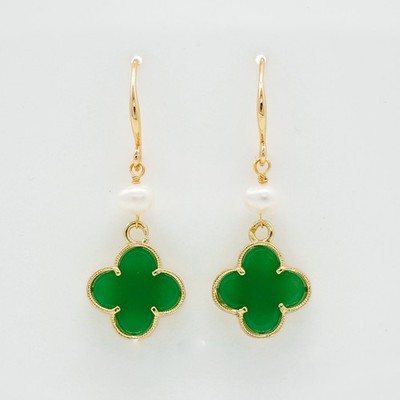 Natural Green Jade Freshwater Pearl Dangling Drop Earrings - 4 Leaf Clover