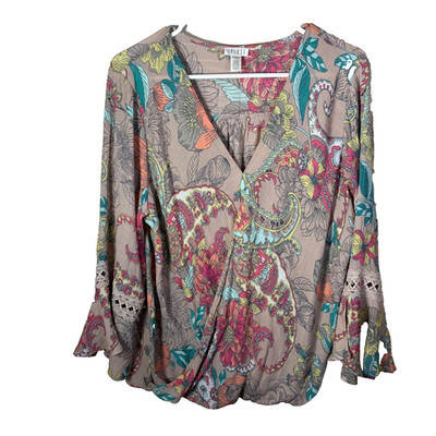Spense Blouse Women's XL V-Neck Brown Floral Flare Sleeve Wrap Shirt Top
