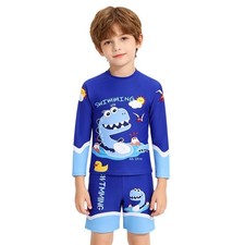 Boys Swimwear Color Block Swimsuit Set Practice Rash Guard Long Sleeve Sunsuit
