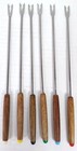 VTG 6 Fondue Forks Skews Stainless Steel Japan Wood Set 10 1/2" Colored Ends
