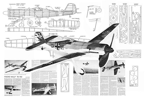 Model Airplane Plans (FF): WWII Focke Wulf TA-152 1/24 Scale 24" Rubber Power - Picture 1 of 2